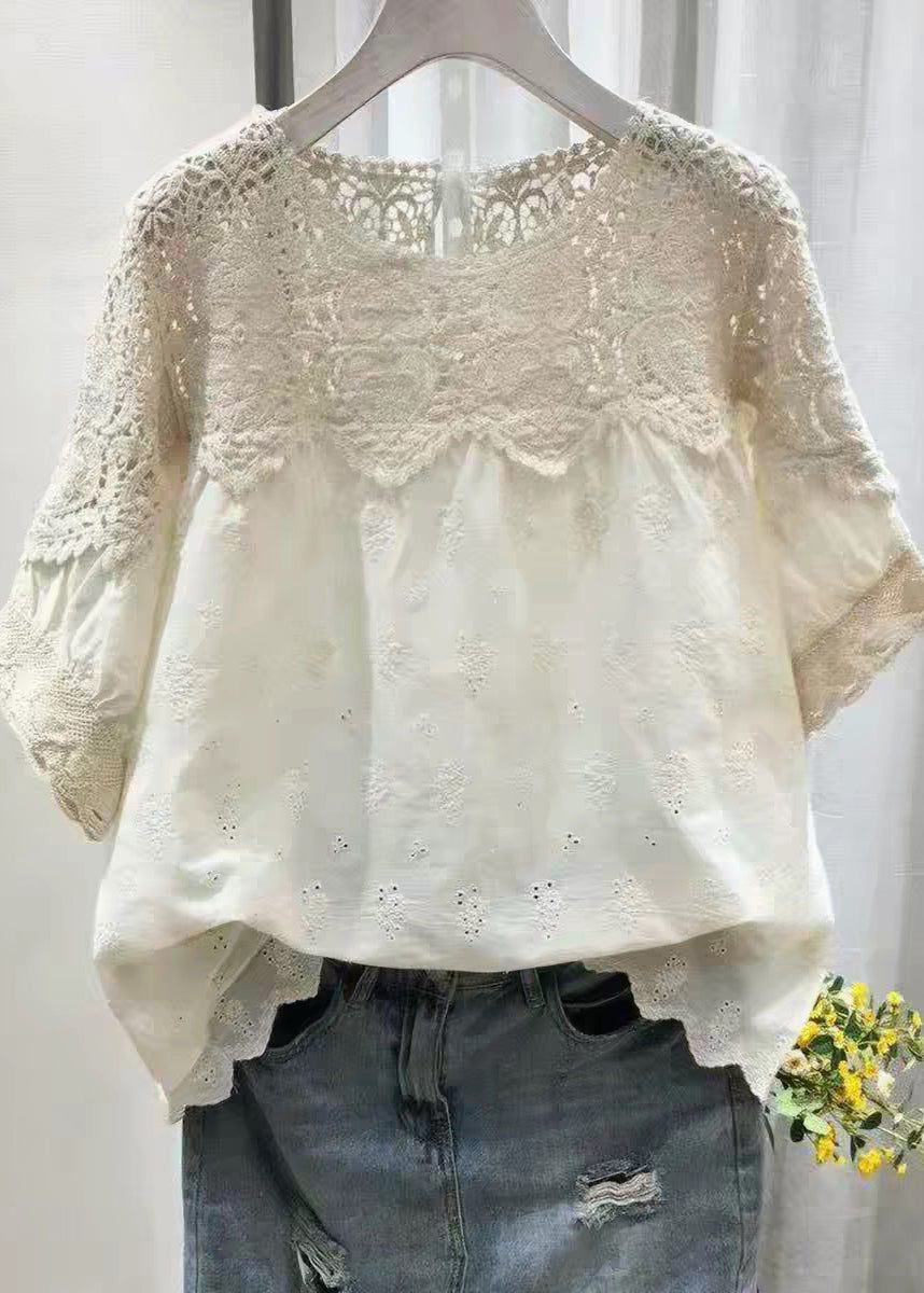 Style Beige O-Neck Hollow Out Tops Summer