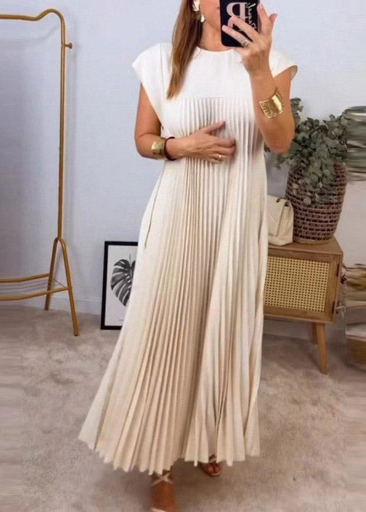 Style Beige O-Neck Wrinkled Solid Long Dress Summer