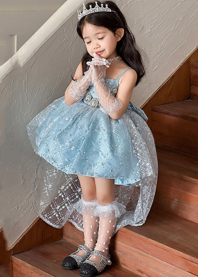 Style Blue Patchwork Square Tulle Kids Mid Sundress Sleeveless