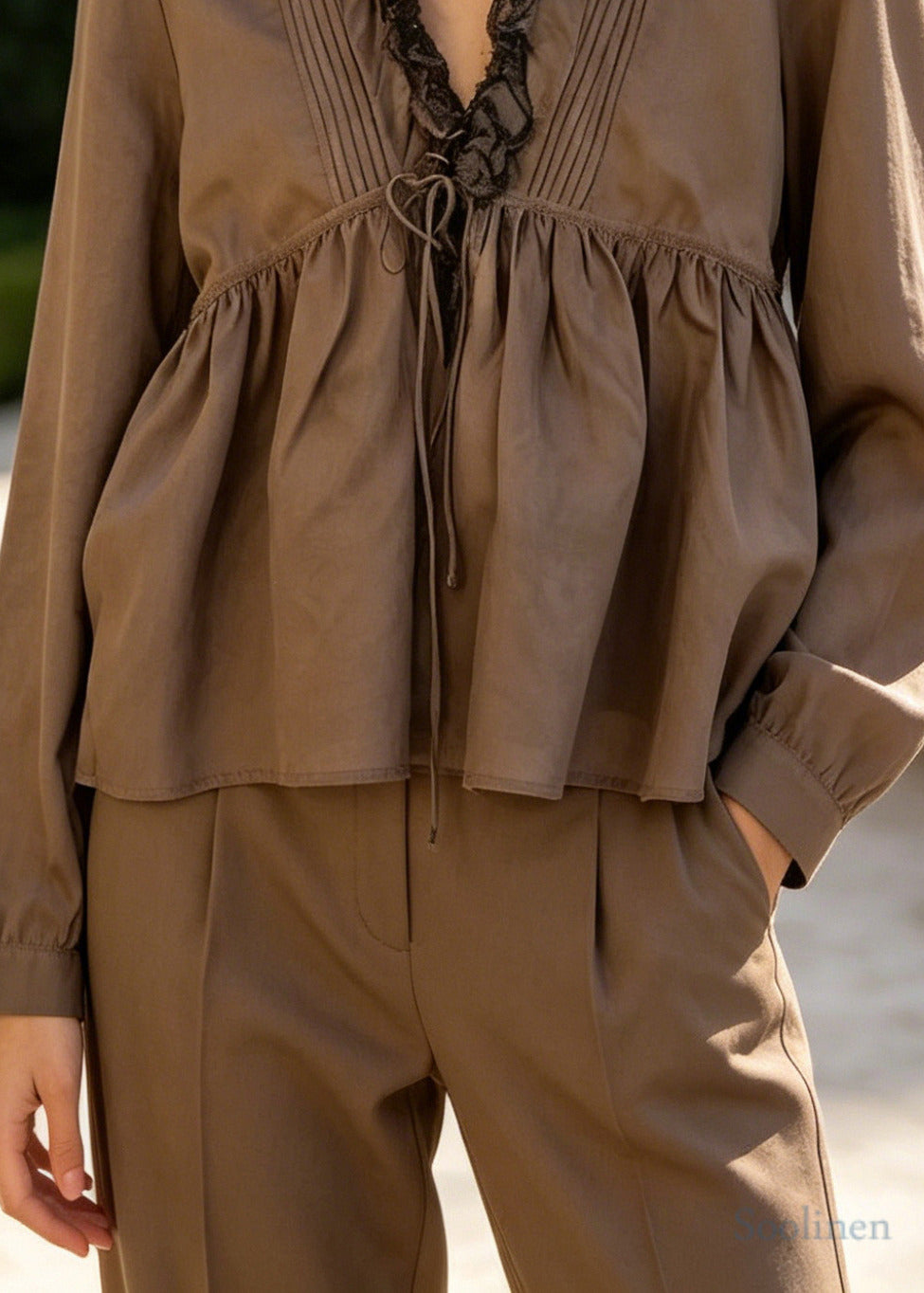 Style Brown Ruffled Wrinkled Cotton Shirt Spring