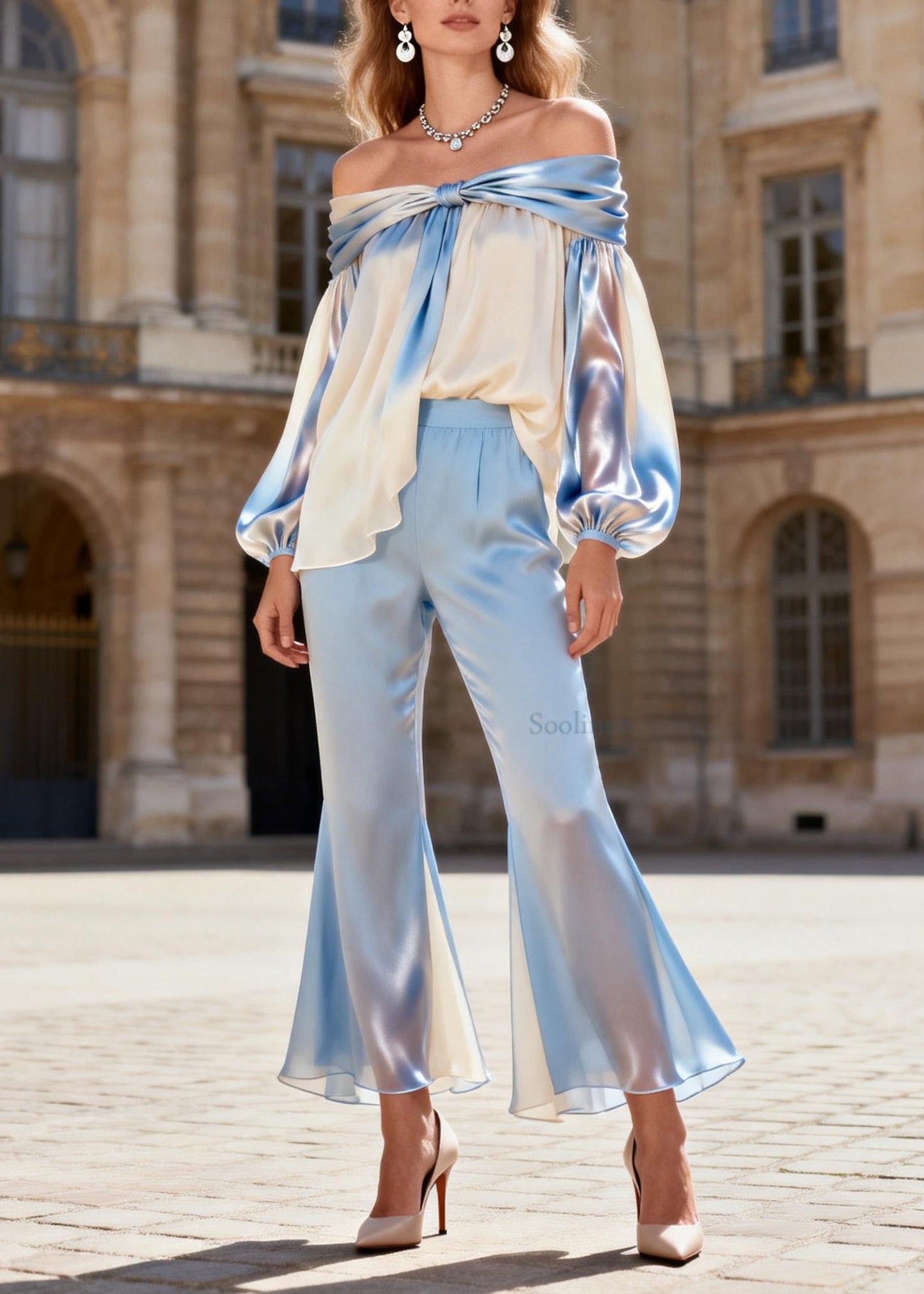 Style Cold Shoulder Wrinkled Silk Two Piece Set Spring