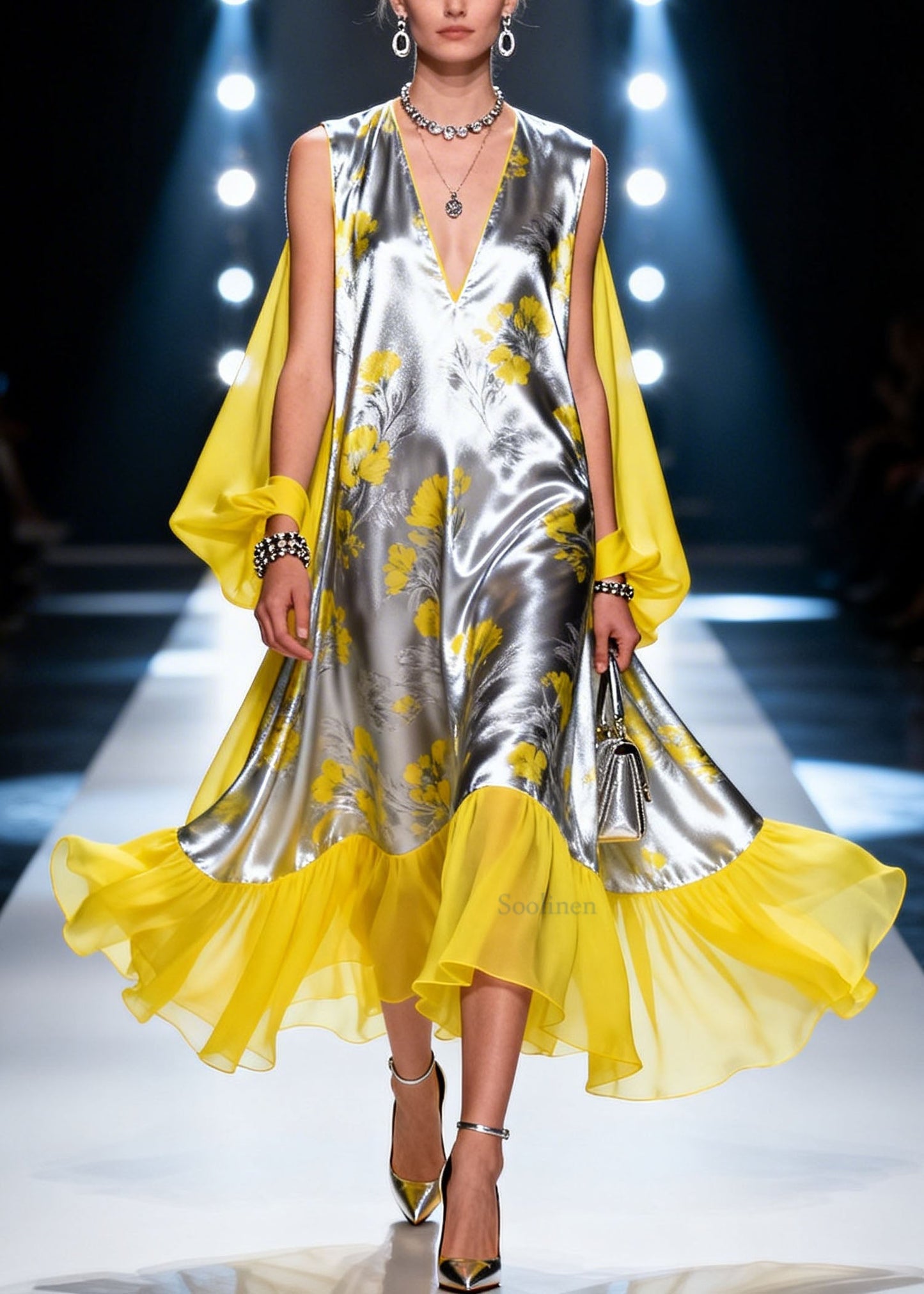 Style Colorblock V Neck Patchwork Chiffon Dress Summer
