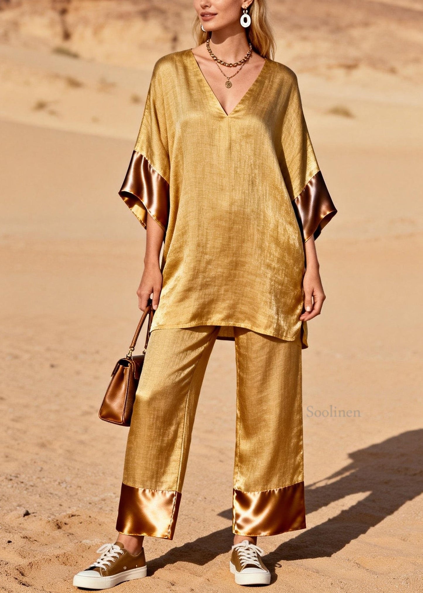 Style Gold V Neck Silk Patchwork Linen 2 Piece Outfit Summer