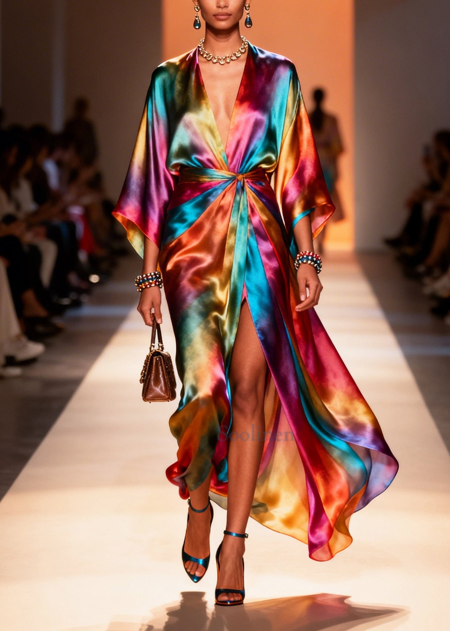 Style Gradient Color Side Open Draping Chiffon Beach Dress Summer