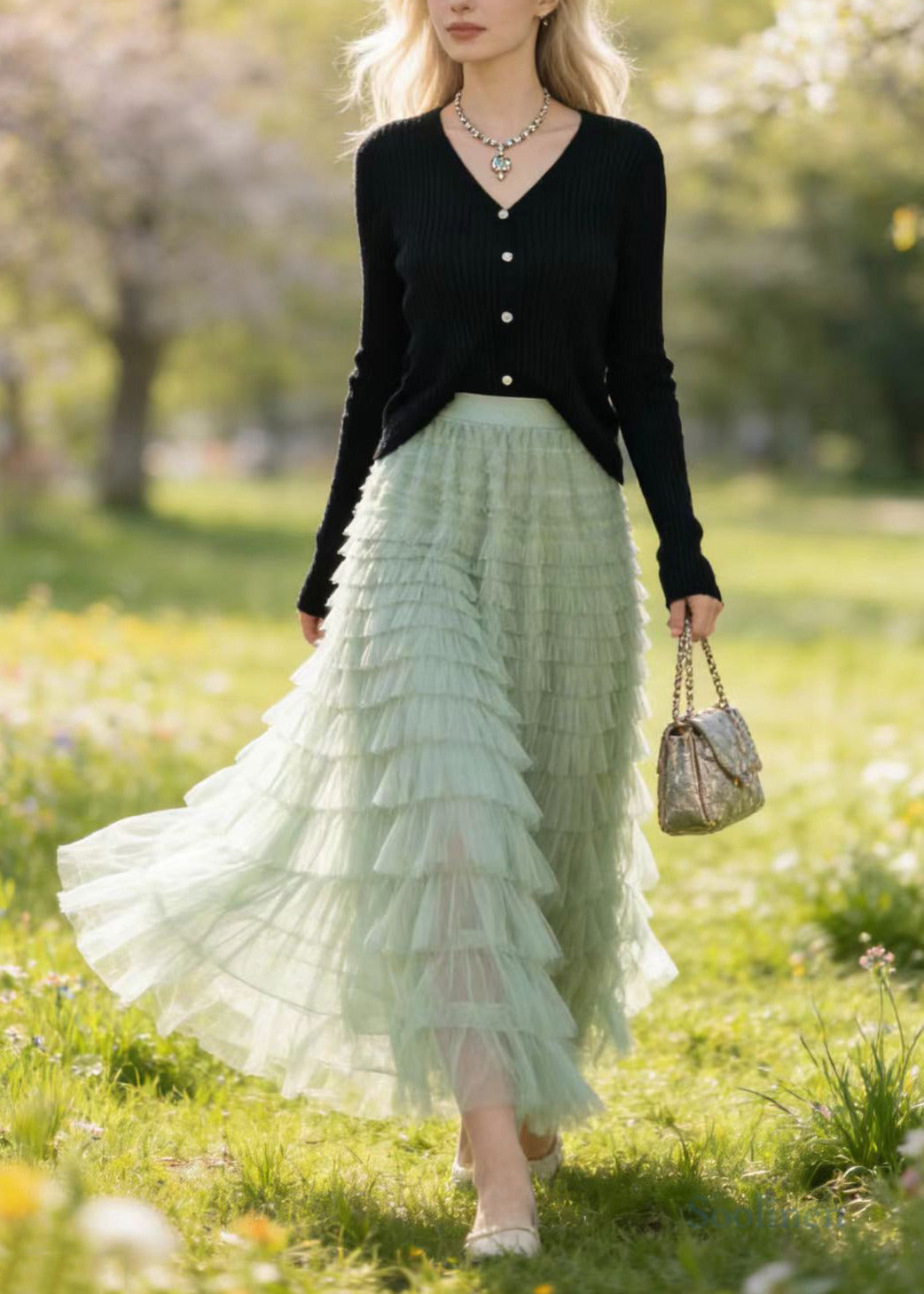 Style Grass Green Multi-layer Tulle Holiday Skirt Spring