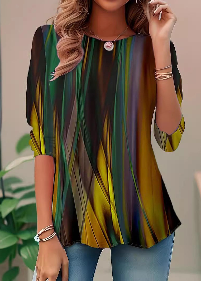 Style Green O Neck Print Loose Cotton Shirt Top Summer