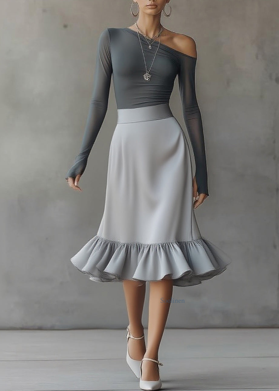 Style Grey Asymmetrical Top And A Line Skirts Two-Piece Set Spring