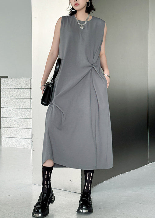 Style Grey O Neck Wrinkled Patchwork Cotton Long Dress Sleeveless