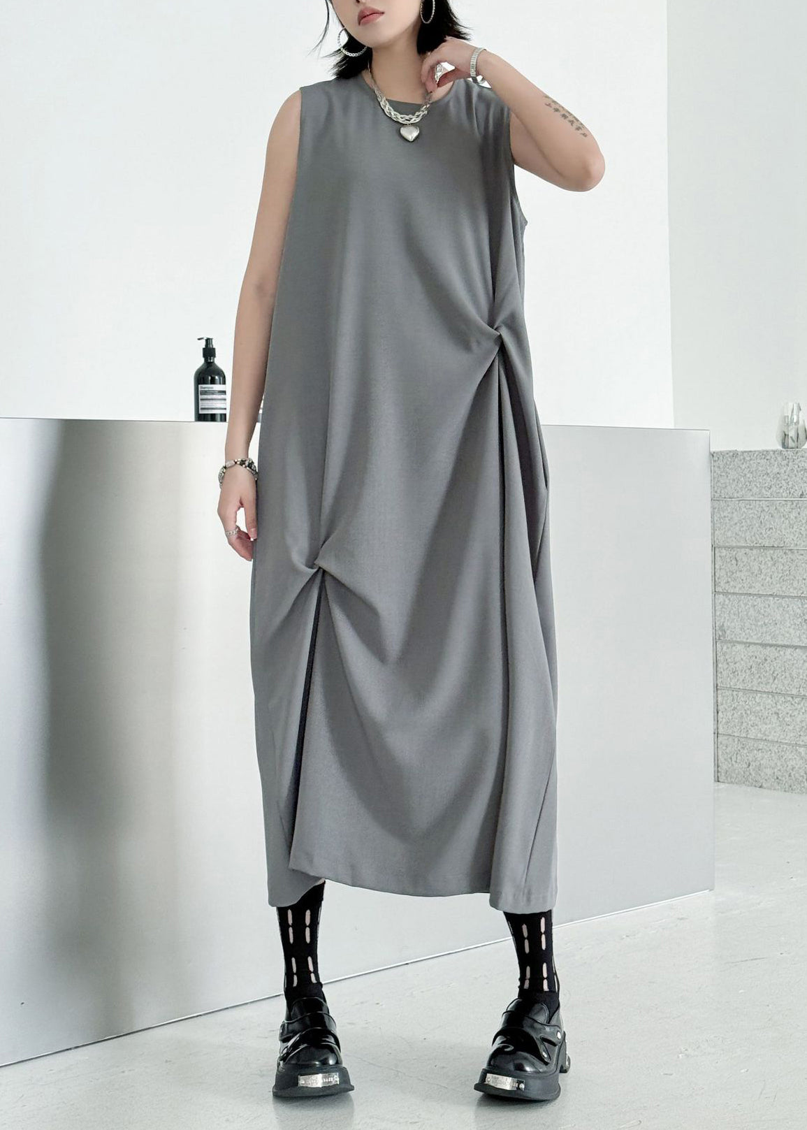 Style Grey O Neck Wrinkled Patchwork Cotton Long Dress Sleeveless
