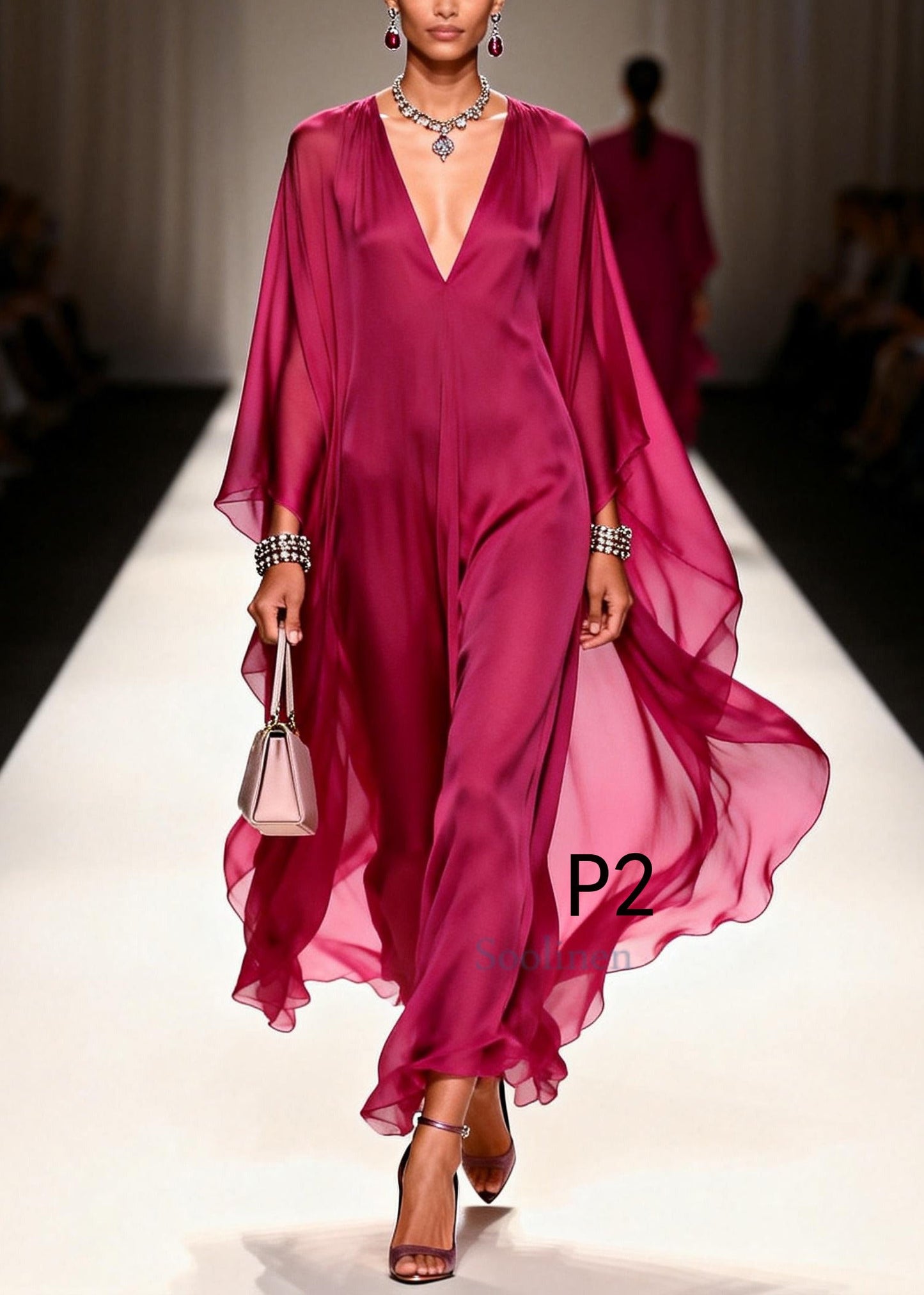 Style Mulberry V Neck Draping Chiffon Long Dresses Summer