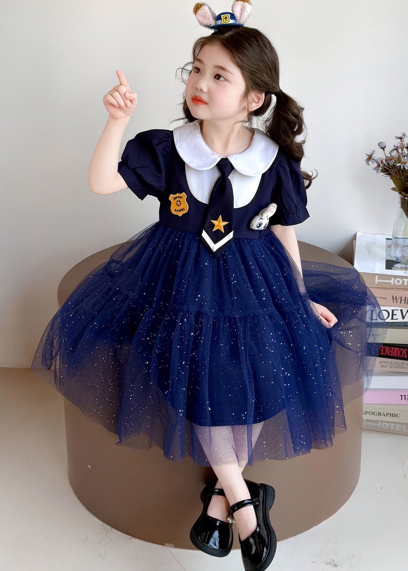 Style Navy Sequins Patchwork Tulle Kids Girls Dress Summer