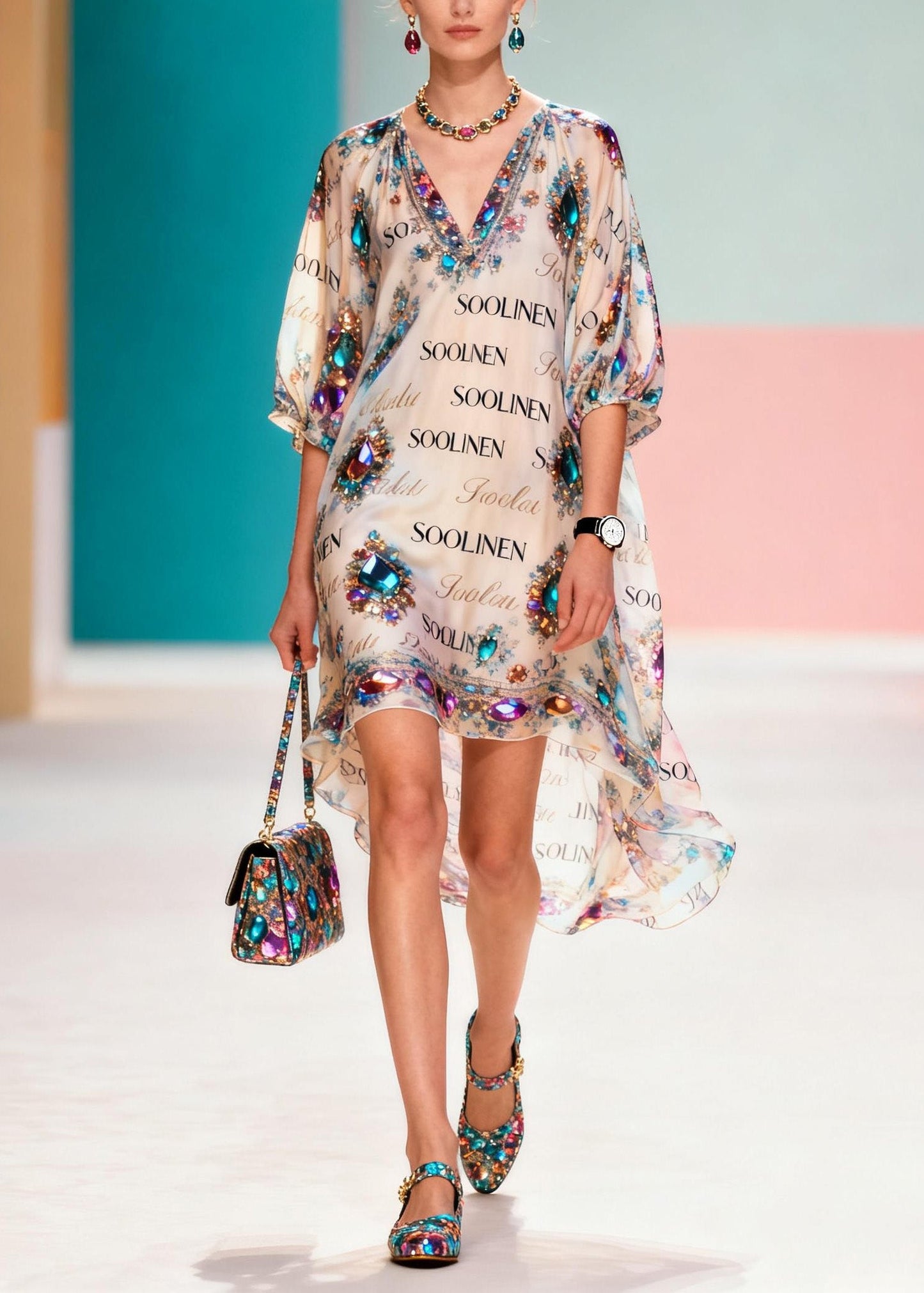 Style O Neck Asymmetrical Design Print Chiffon Dress Summer