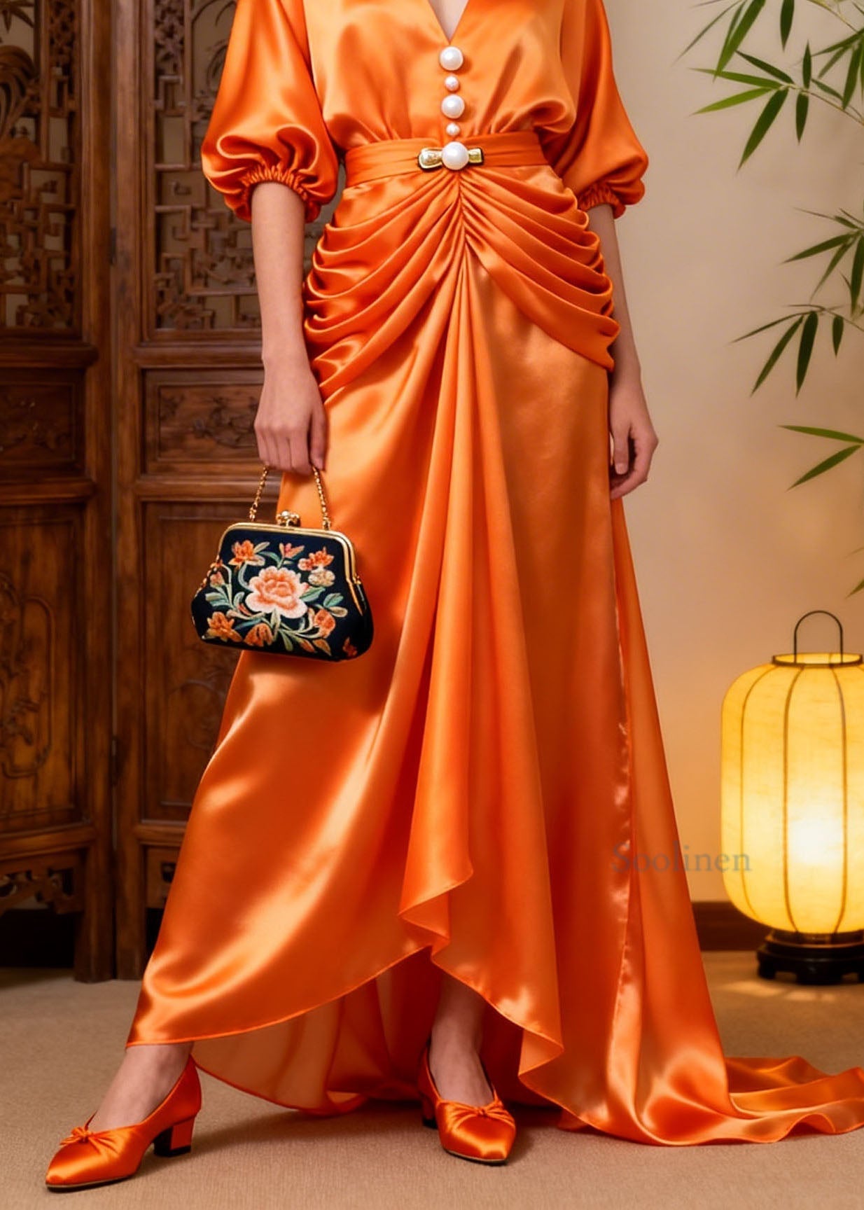Style Orange V Neck Wrinkled Patchwork Silk Dress Summer