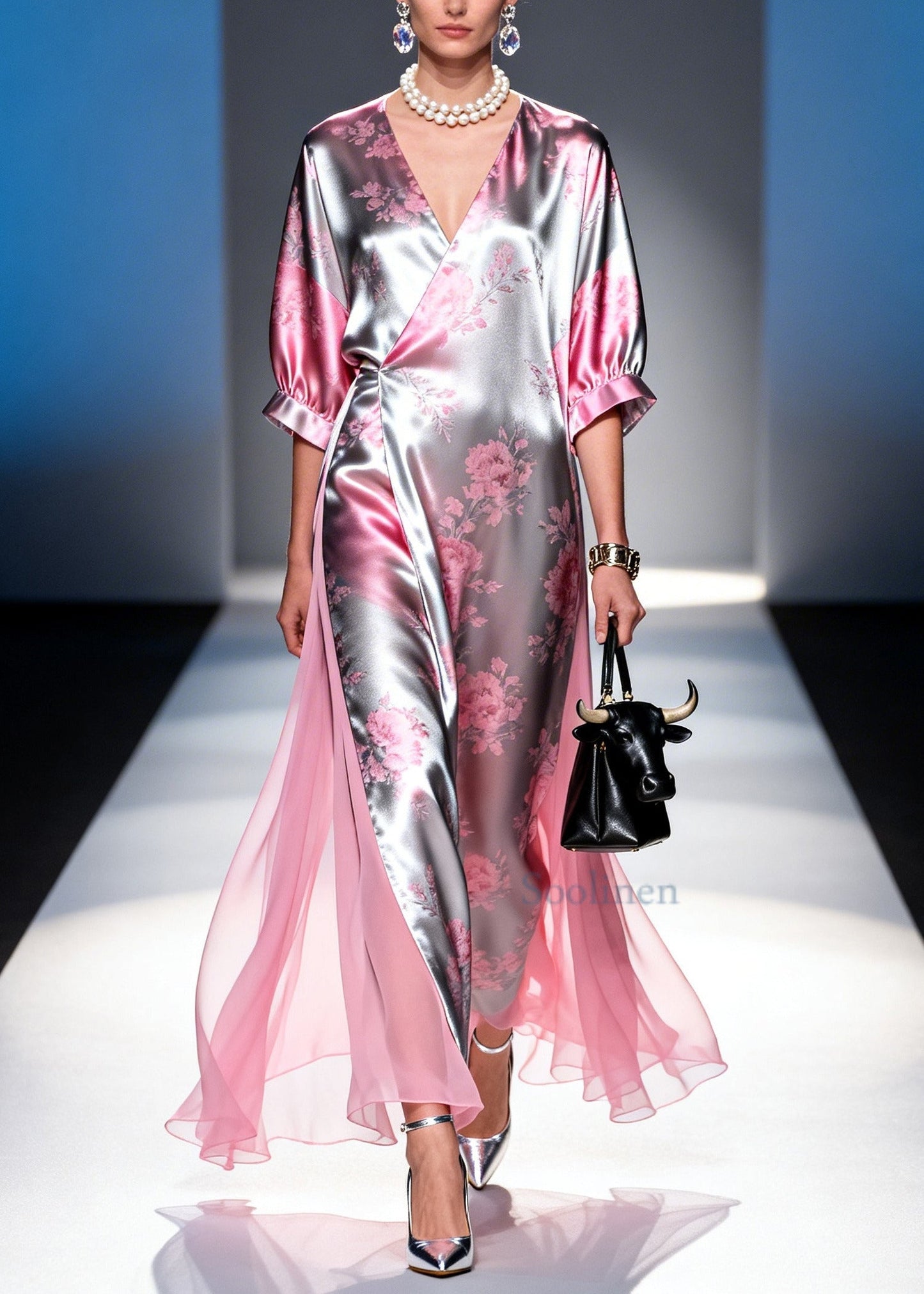 Style Pink Print Patchwork Silk Holiday Dress Summer