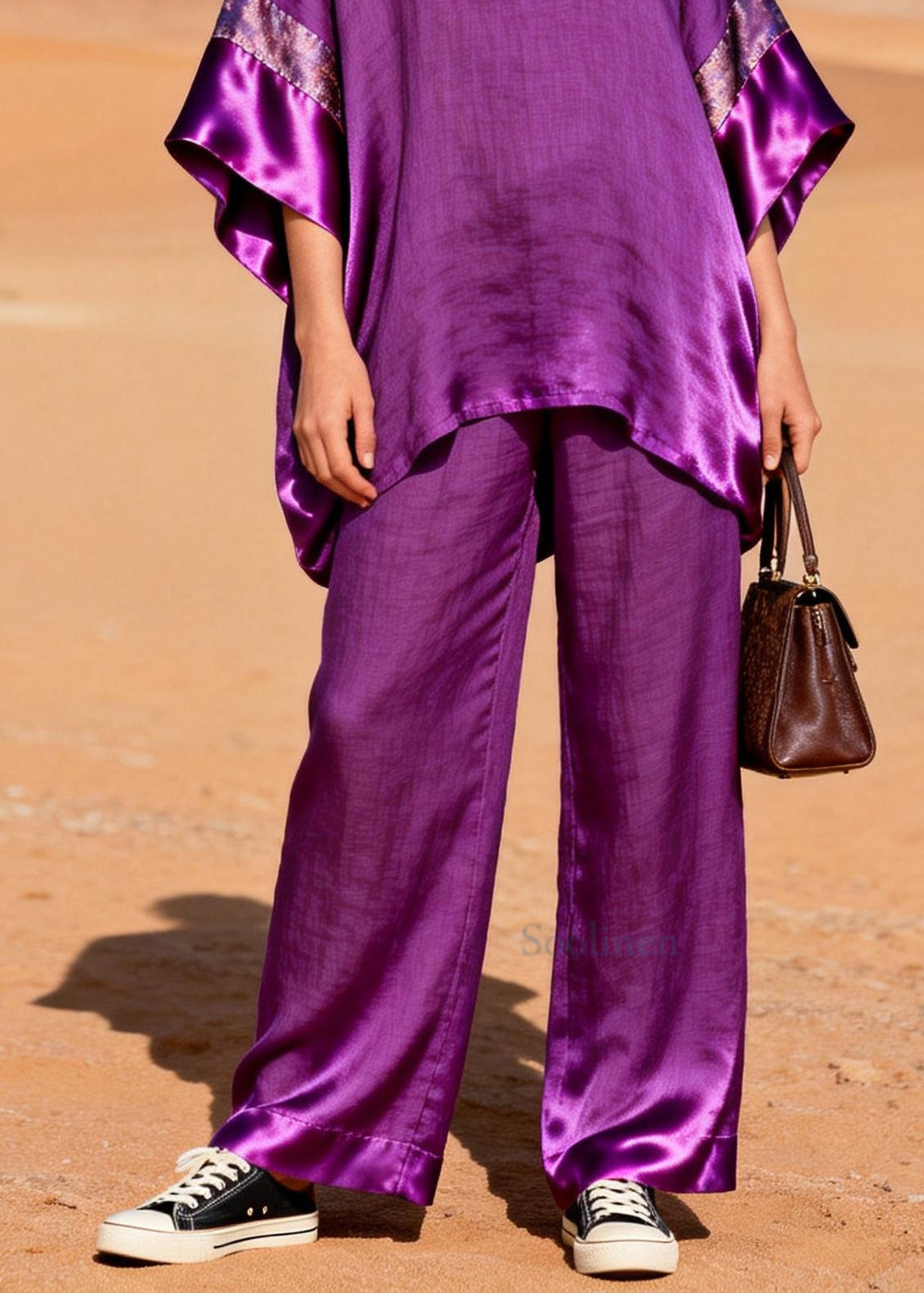 Style Purple Oversized Patchwork Silk Linen Two Pieces Set Summer