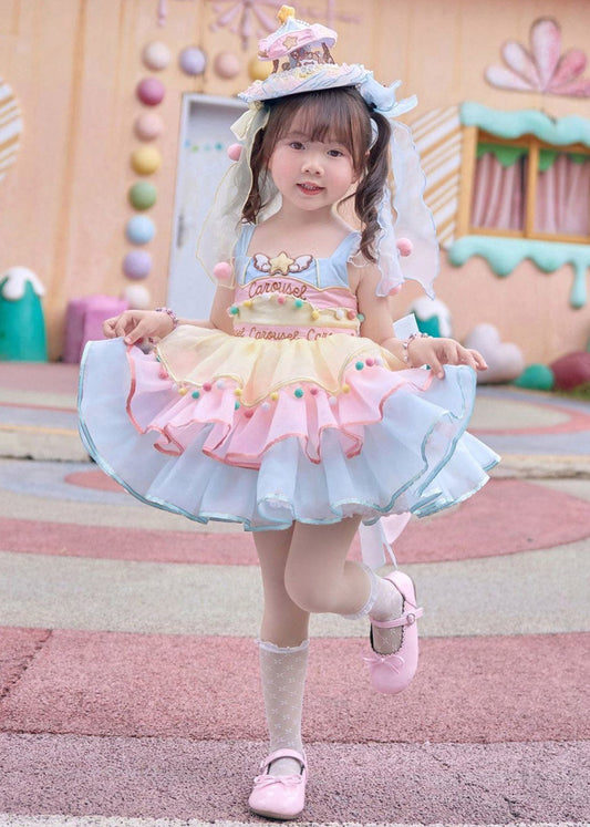 Style Rainbow Print Tassel Tulle Kids Mid Spaghetti Strap Dress Sleeveless