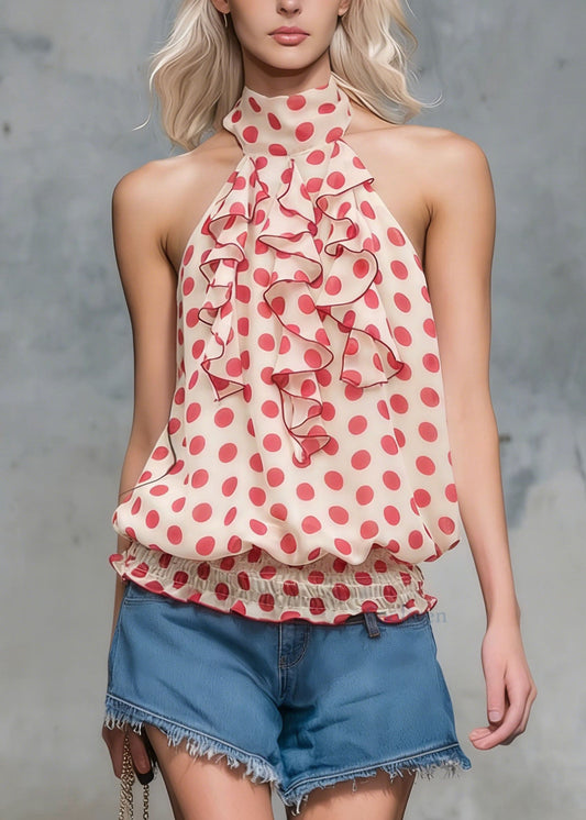 Style Red Dot Ruffled Patchwork Chiffon Shirt Top Sleeveless