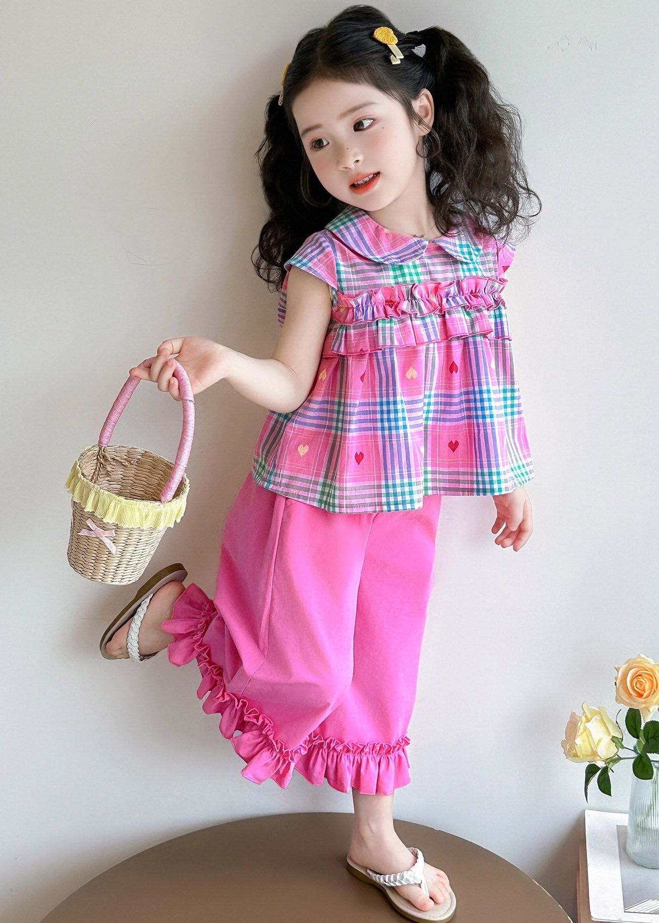 Style Rose Peter Pan Collar Striped Ruffled Girls Top And Wide Leg Pants Two Pieces Set Summer