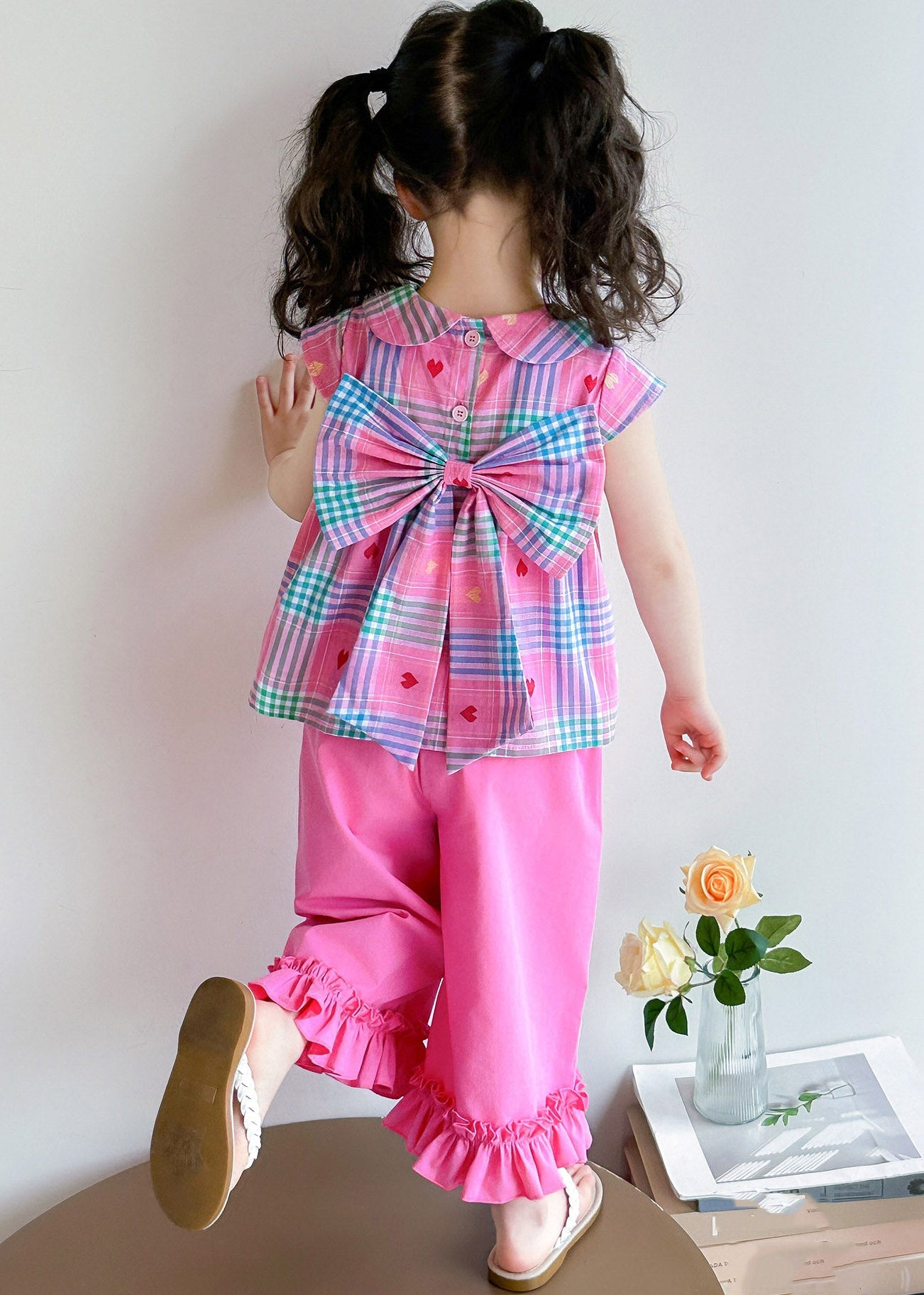 Style Rose Peter Pan Collar Striped Ruffled Girls Top And Wide Leg Pants Two Pieces Set Summer