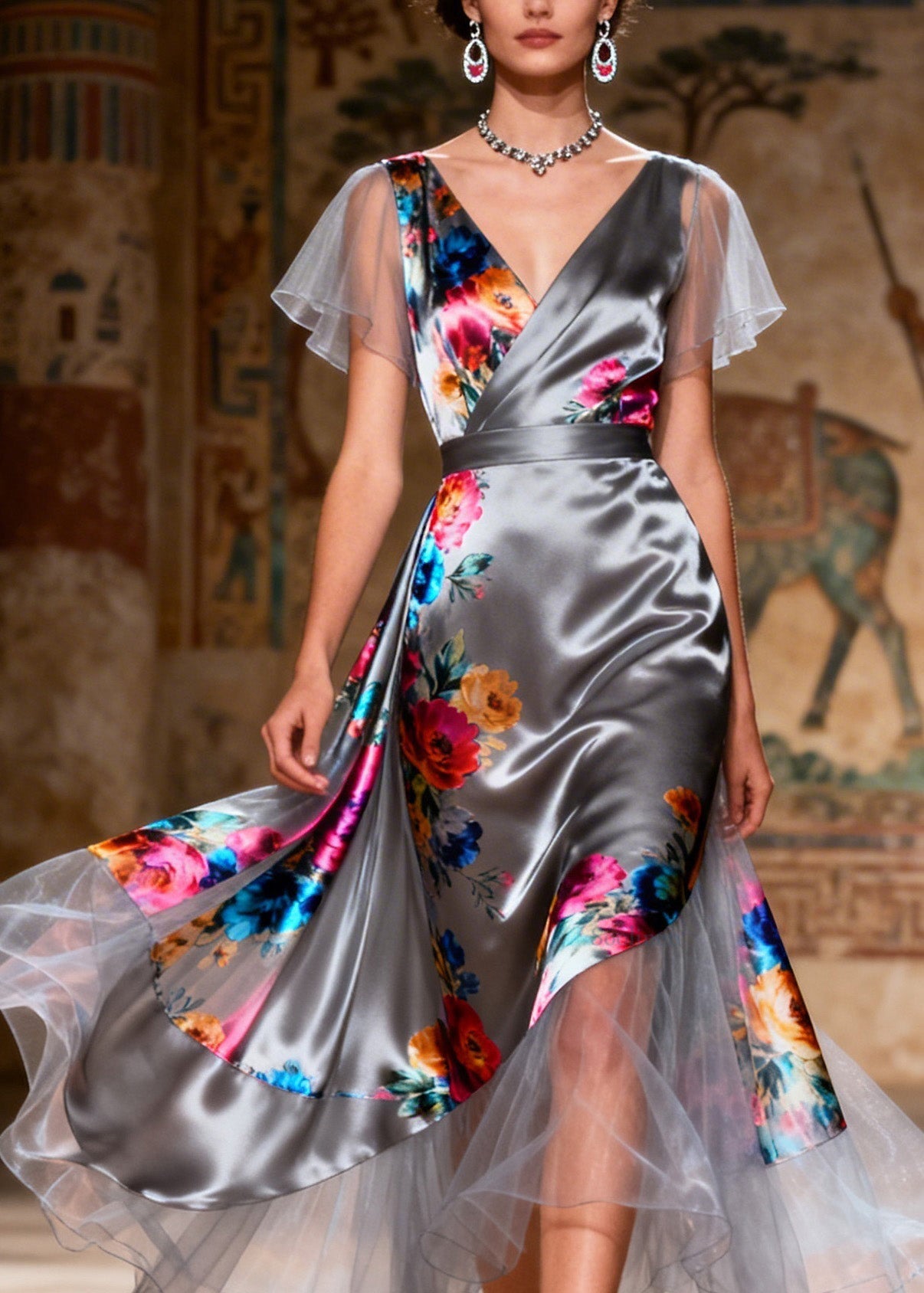 Style V Neck Asymmetrical Tulle Patchwork Silk Dresses Summer