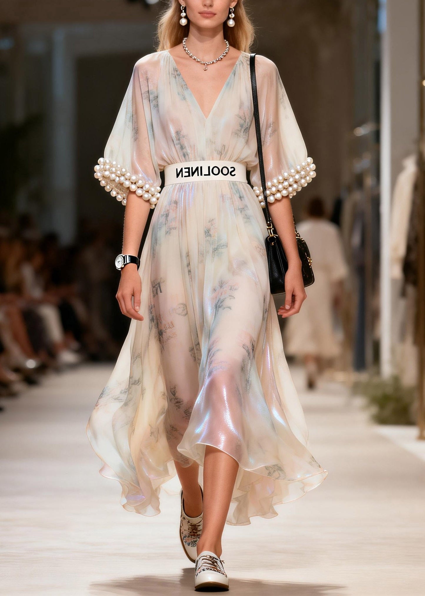 Style V Neck Nail Bead Tunic Silk Long Dresses Summer