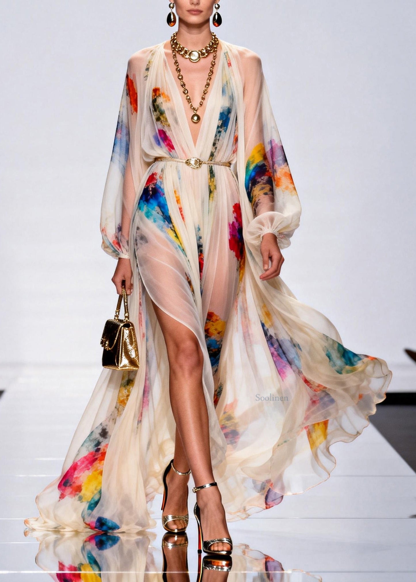 Style V Neck Print Side Open Chiffon Maxi Dress Spring