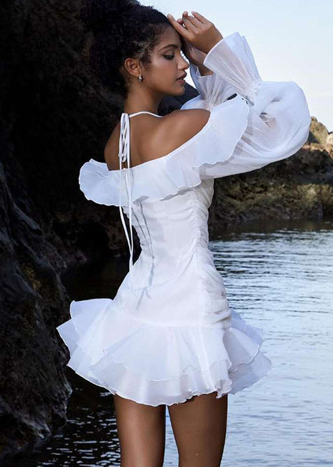 Style White Cold Shoulder Ruffles Chiffon Mini Dresses Lantern Sleeve