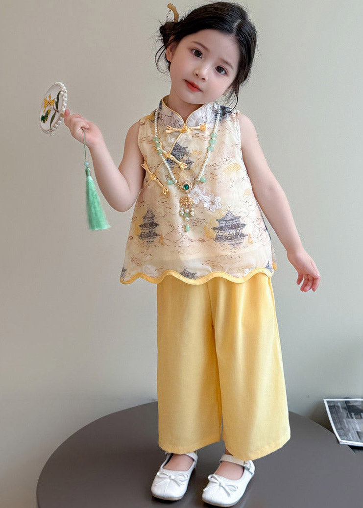 Style Yellow Stand Collar Print Girls Top And Wide Leg Pants Two Pieces Set Sleeveless