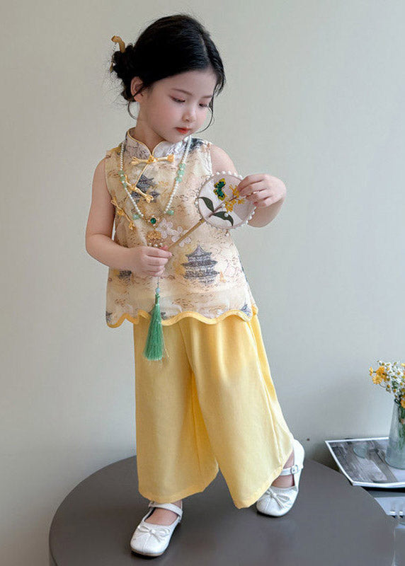 Style Yellow Stand Collar Print Girls Top And Wide Leg Pants Two Pieces Set Sleeveless