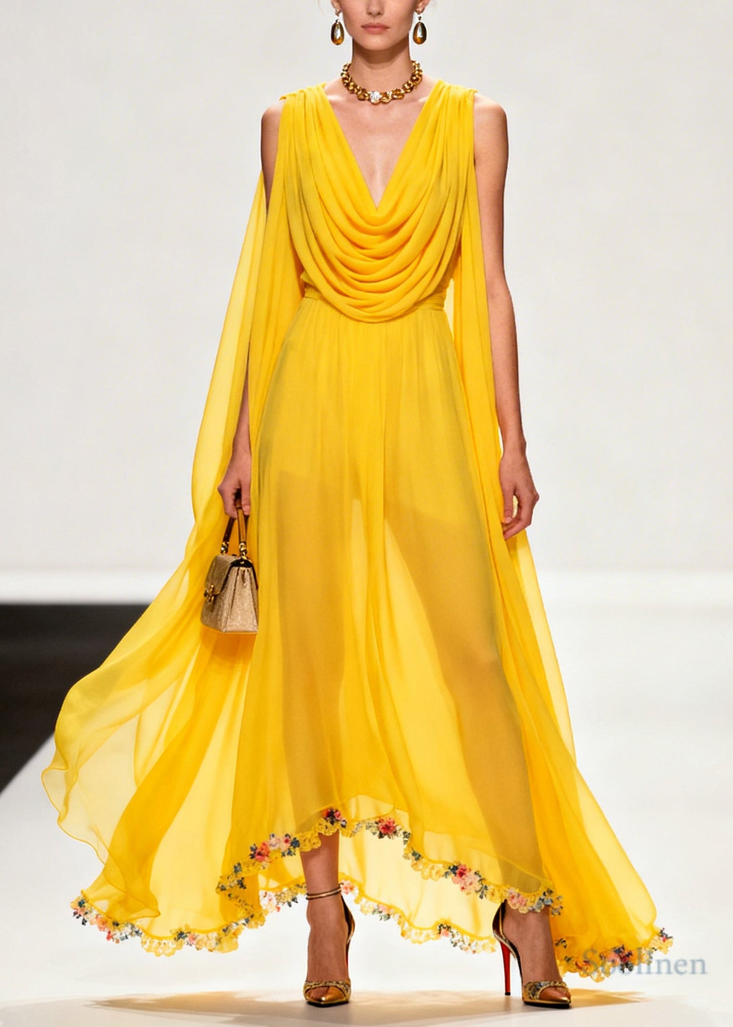 Style Yellow Turtle Neck Exra Large Hem Flower Chiffon Dresses Sleeveless