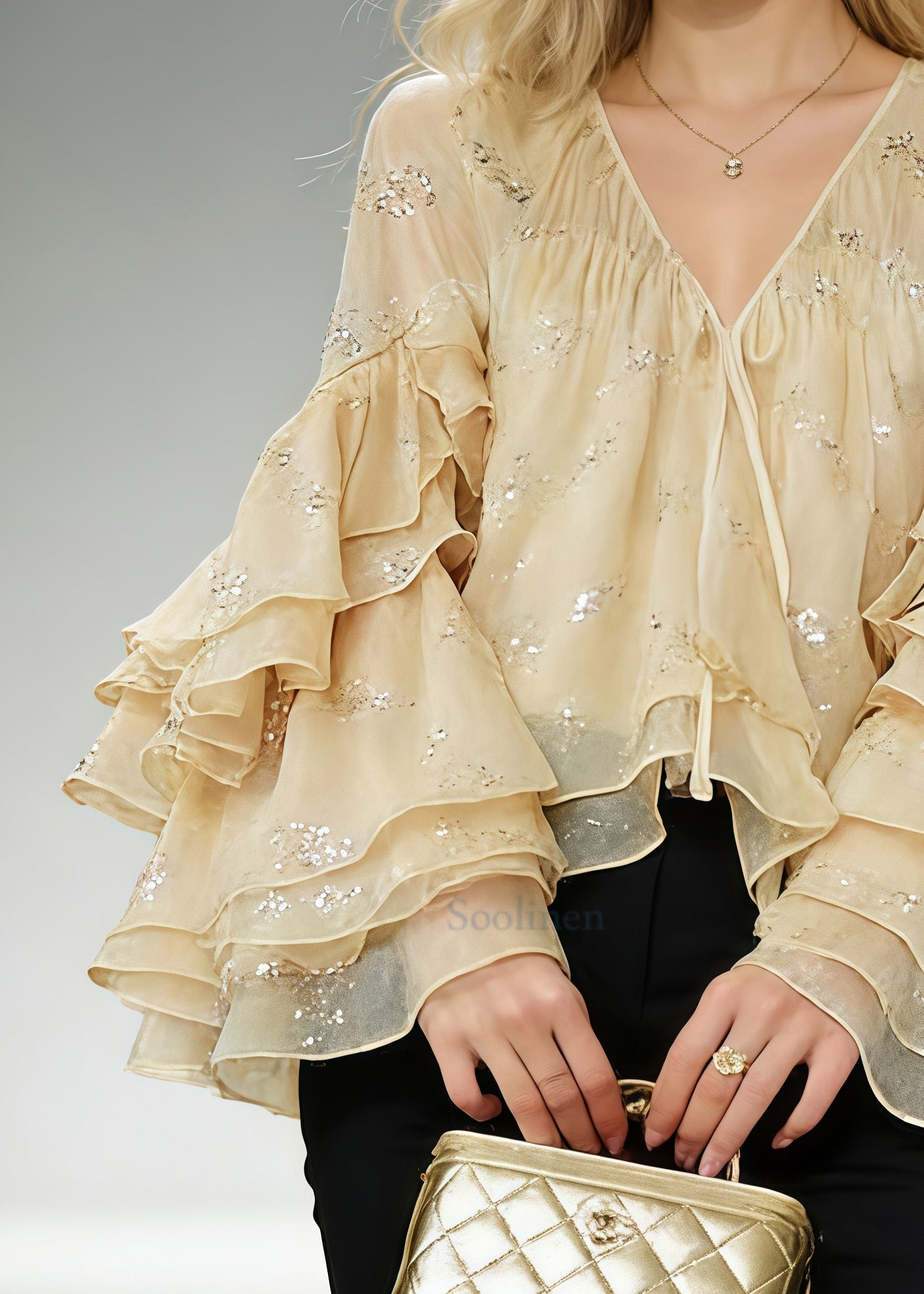 Stylish Beige Sequins Ruffles Silk Blouses Butterfly Sleeve