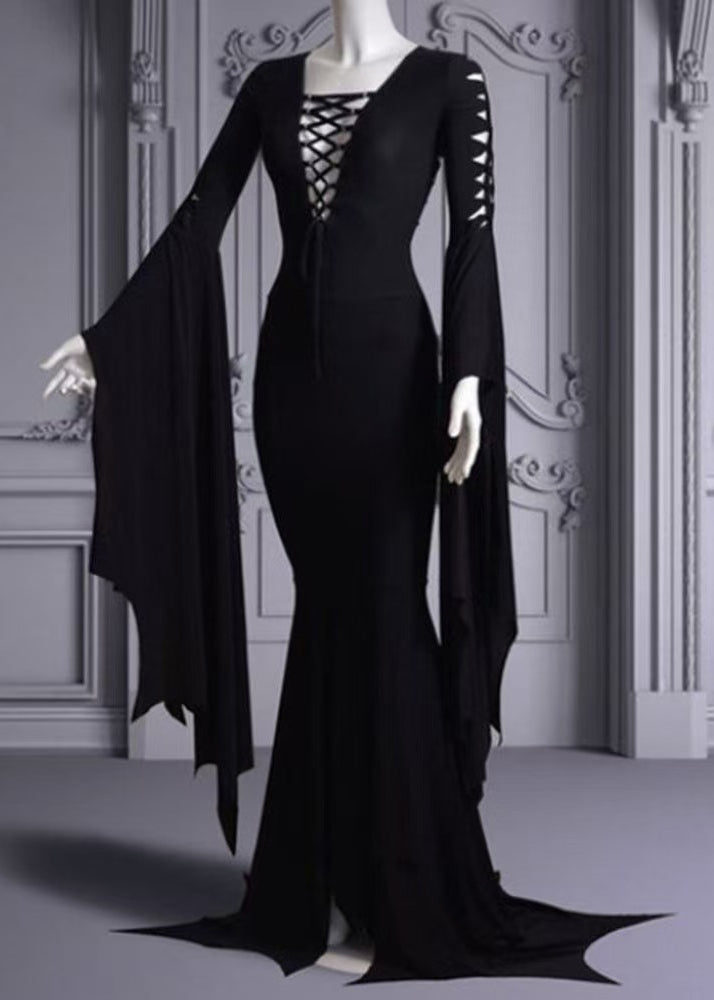 Stylish Black O Neck Lace Up Patchwork Cotton Dress Batwing Sleeve