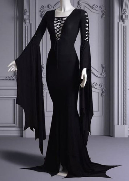Stylish Black O Neck Lace Up Patchwork Cotton Dress Batwing Sleeve