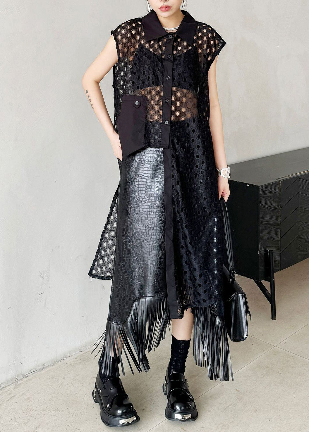 Stylish Black Peter Pan Collar Asymmetrical Hollow Out Cotton Shirts Summer