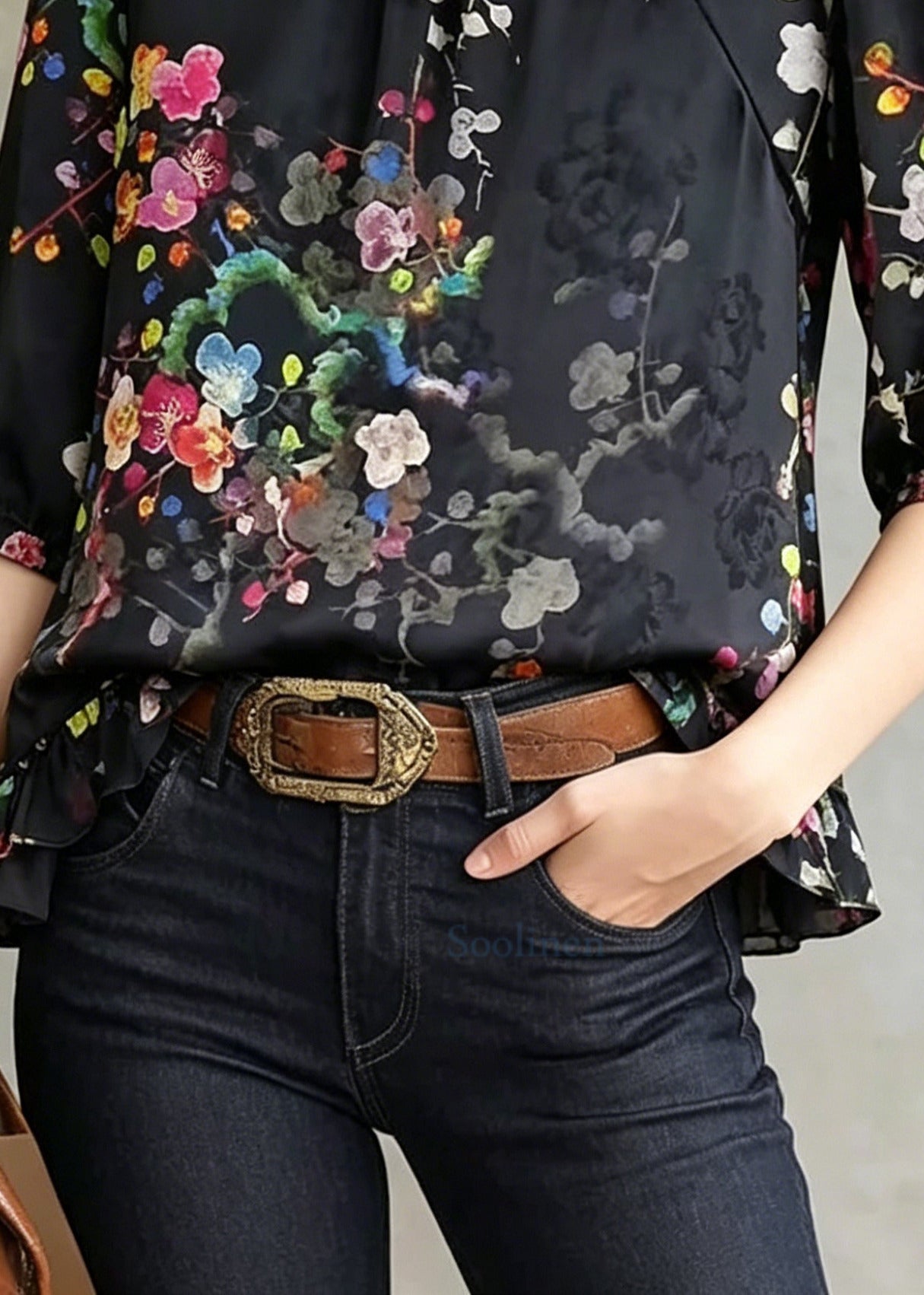 Stylish Black Ruffled Print Silk Blouse Top Summer
