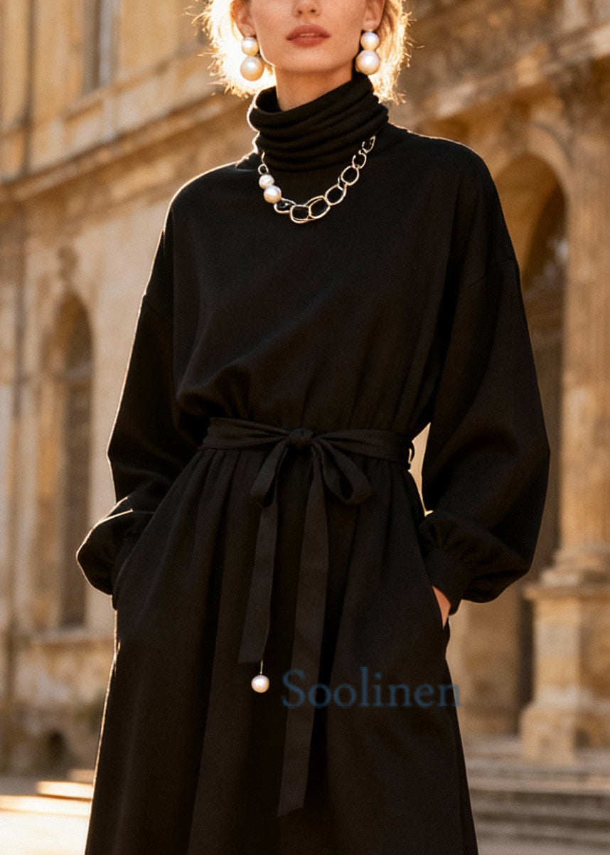 Stylish Black Turtleneck Lace Patchwork Long Dress Spring