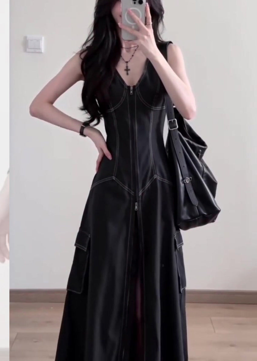 Stylish Black V Neck Side Open Denim A Line Dress Sleeveless