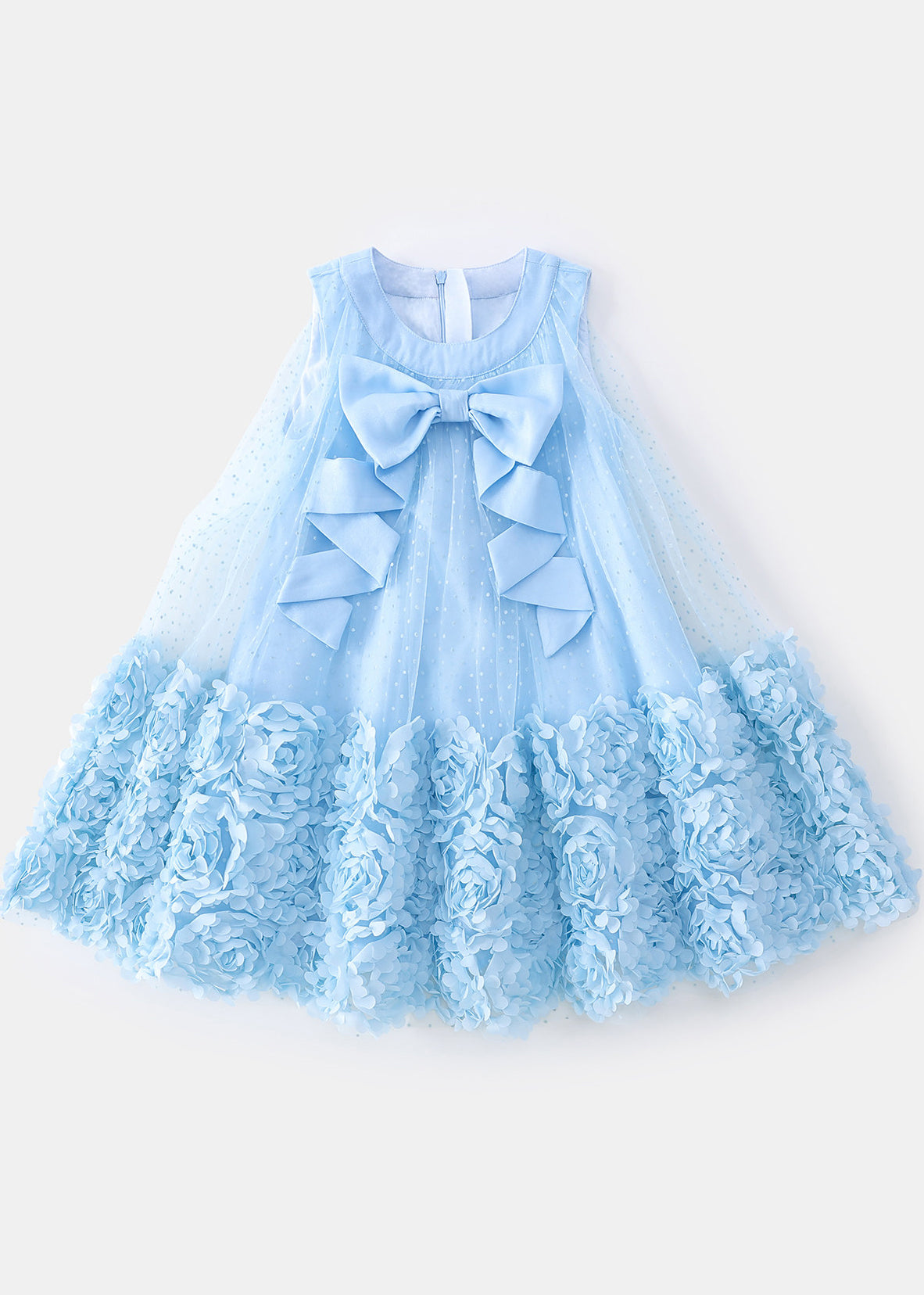 Stylish Blue Floral Big Bow Tulle Baby Girls Maxi Dress Summer