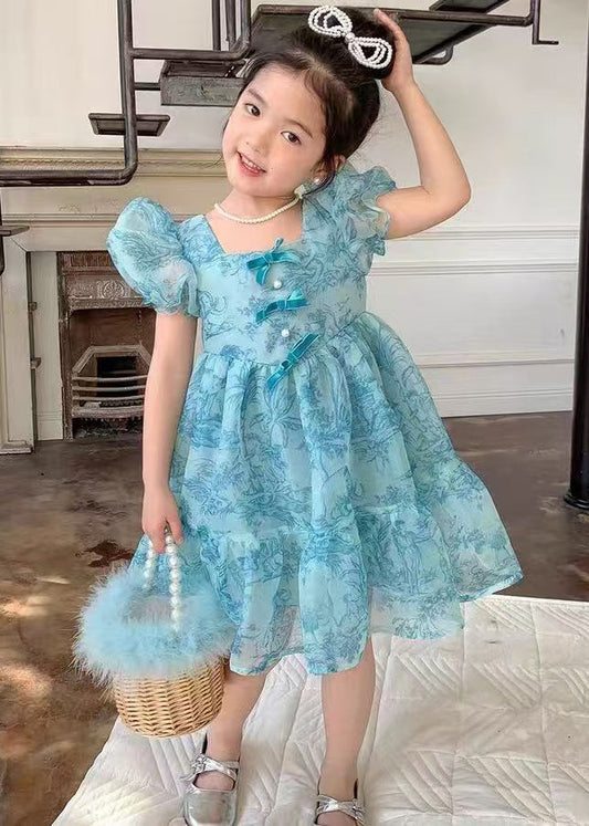 Stylish Blue Puff Sleeve Print Tulle Baby Girls Dresses Summer