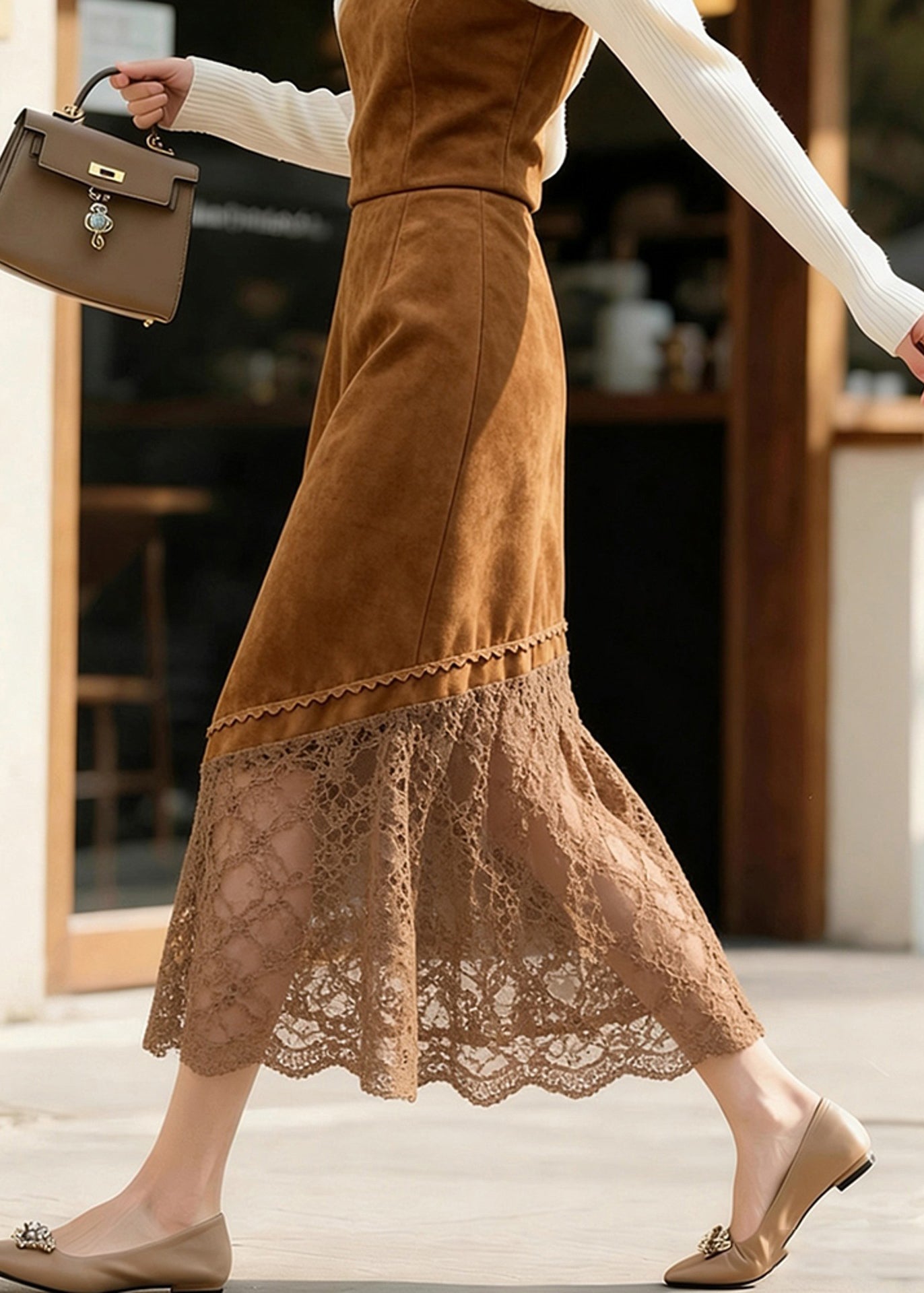 Stylish Brown High Waist Lace Patchwork Faux Suede Skirts Spring