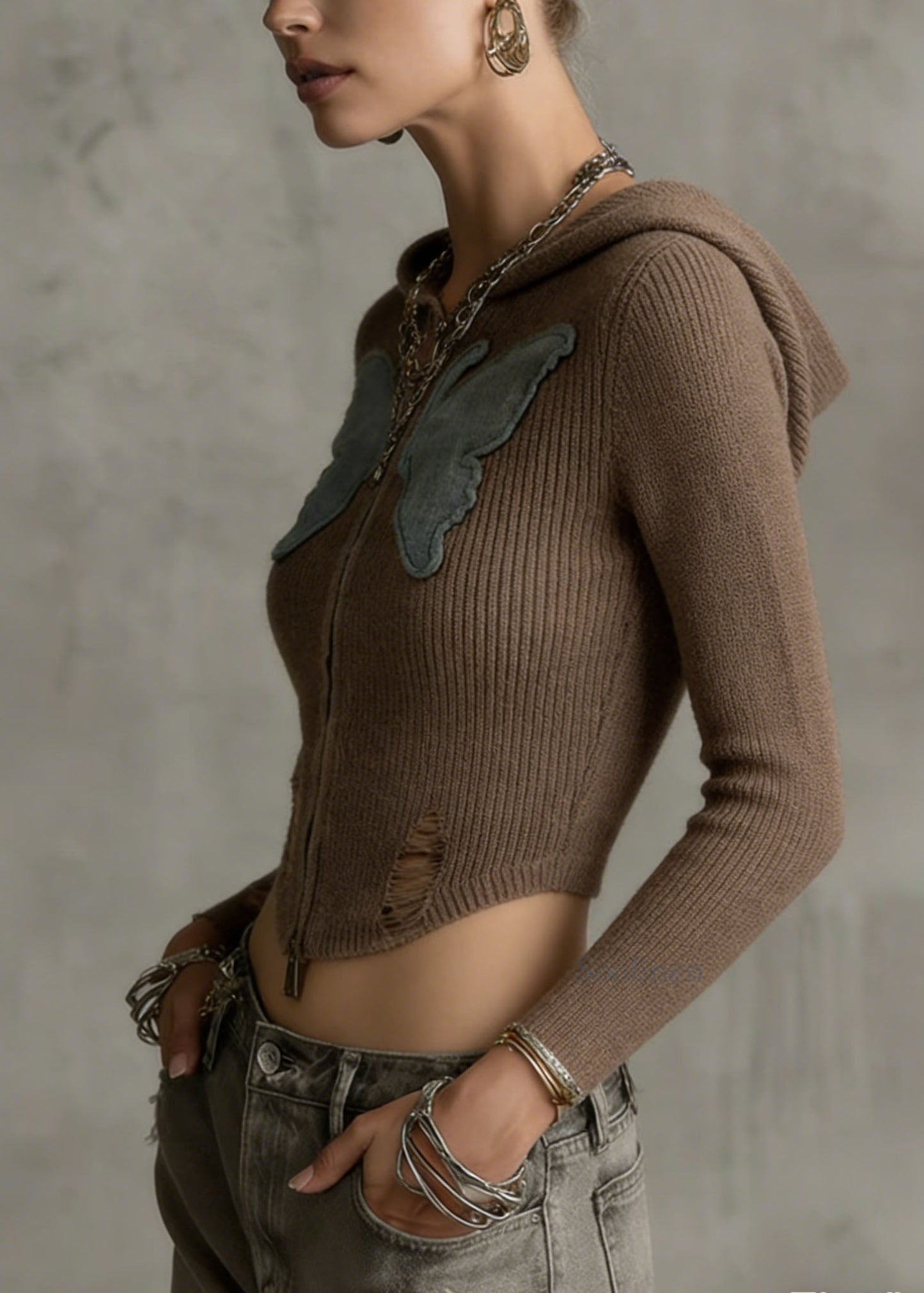 Stylish Coffee Zip Up Butterfly Knit Hoodies Outwear Spring