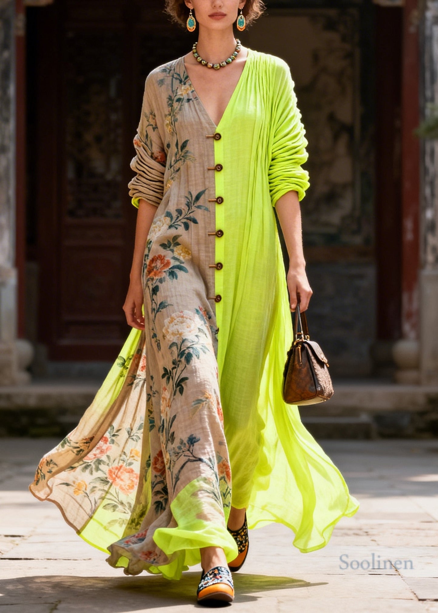 Stylish Colorblock Asymmetrical Patchwork Print Cotton Maxi Dress Summer
