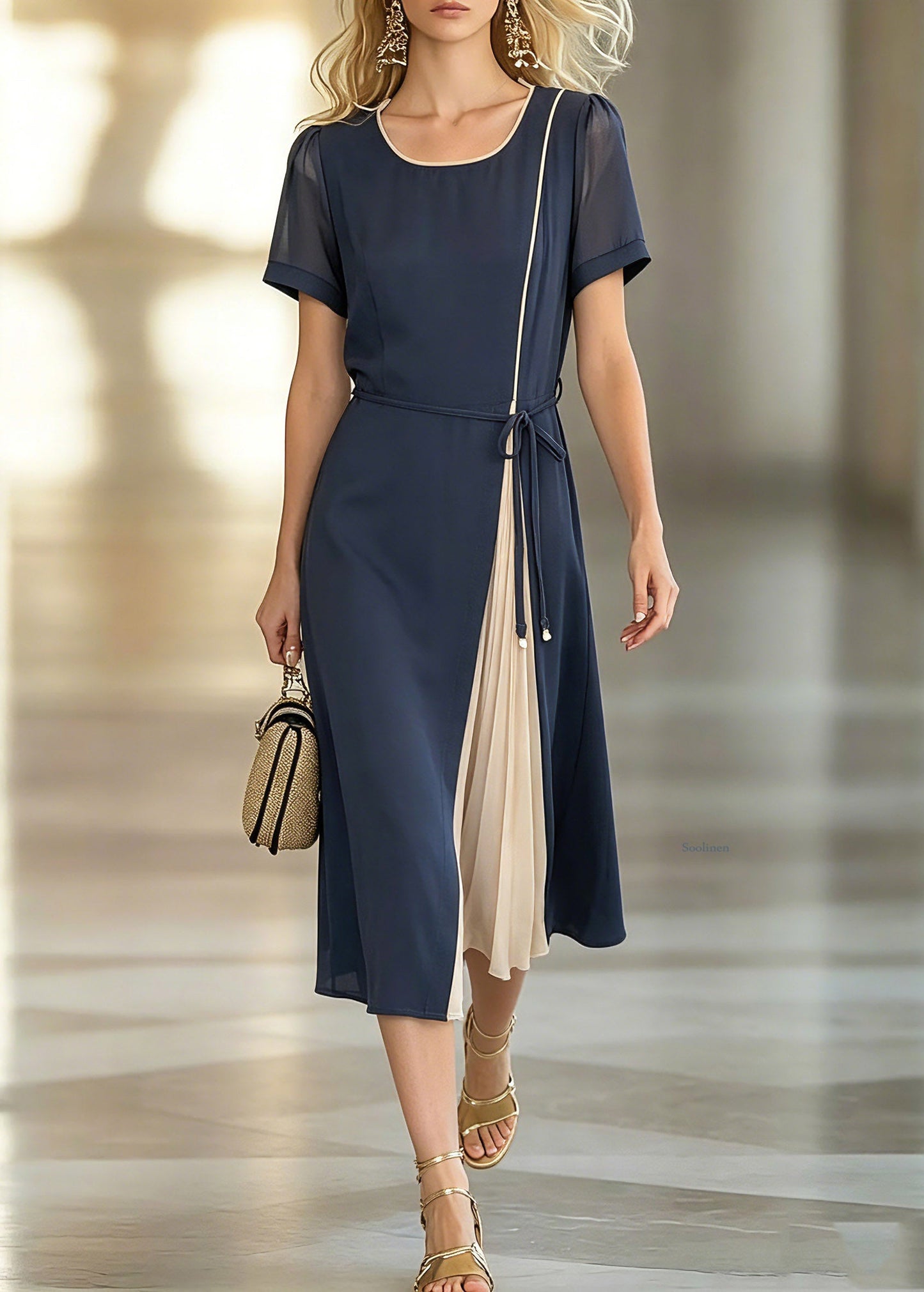 Stylish Dark Blue O-Neck Asymmetrical Patchwork Tie Waist Chiffon Maxi Dresses Short Sleeve