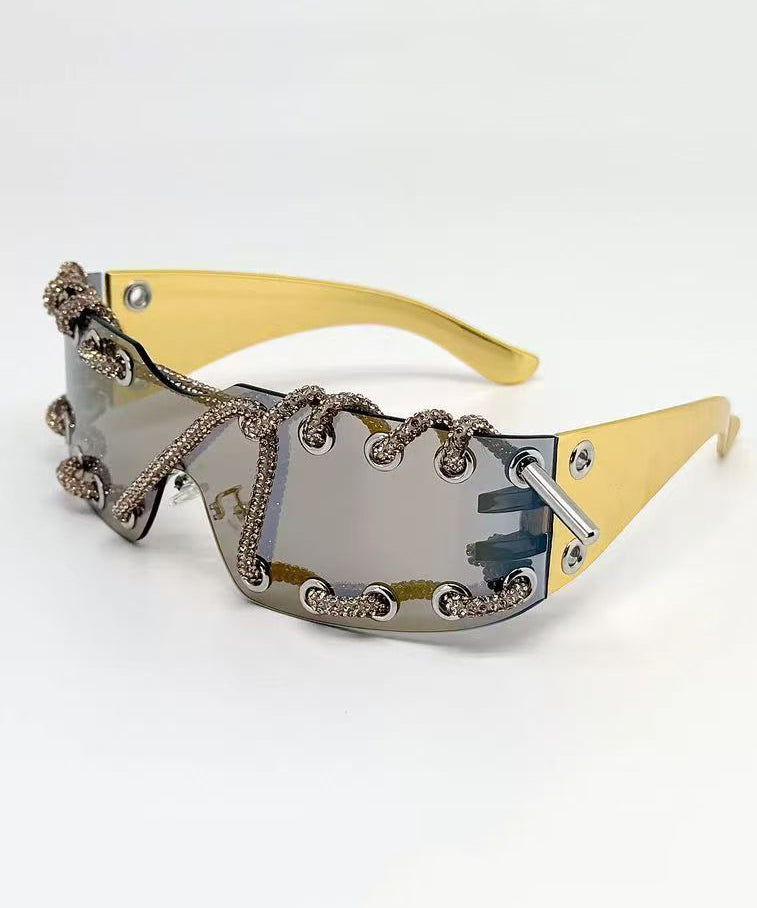 Stylish Frameless Punk Sparkling Diamond Sunglasses With Metal Ring Rivets