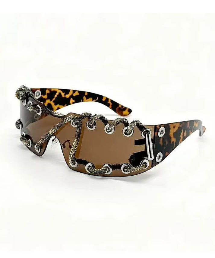 Stylish Frameless Punk Sparkling Diamond Sunglasses With Metal Ring Rivets