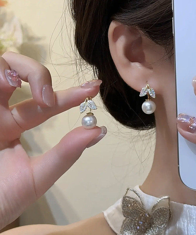 Stylish Gold Copper Overgild Zircon Leaves Pearl Drop Earrings