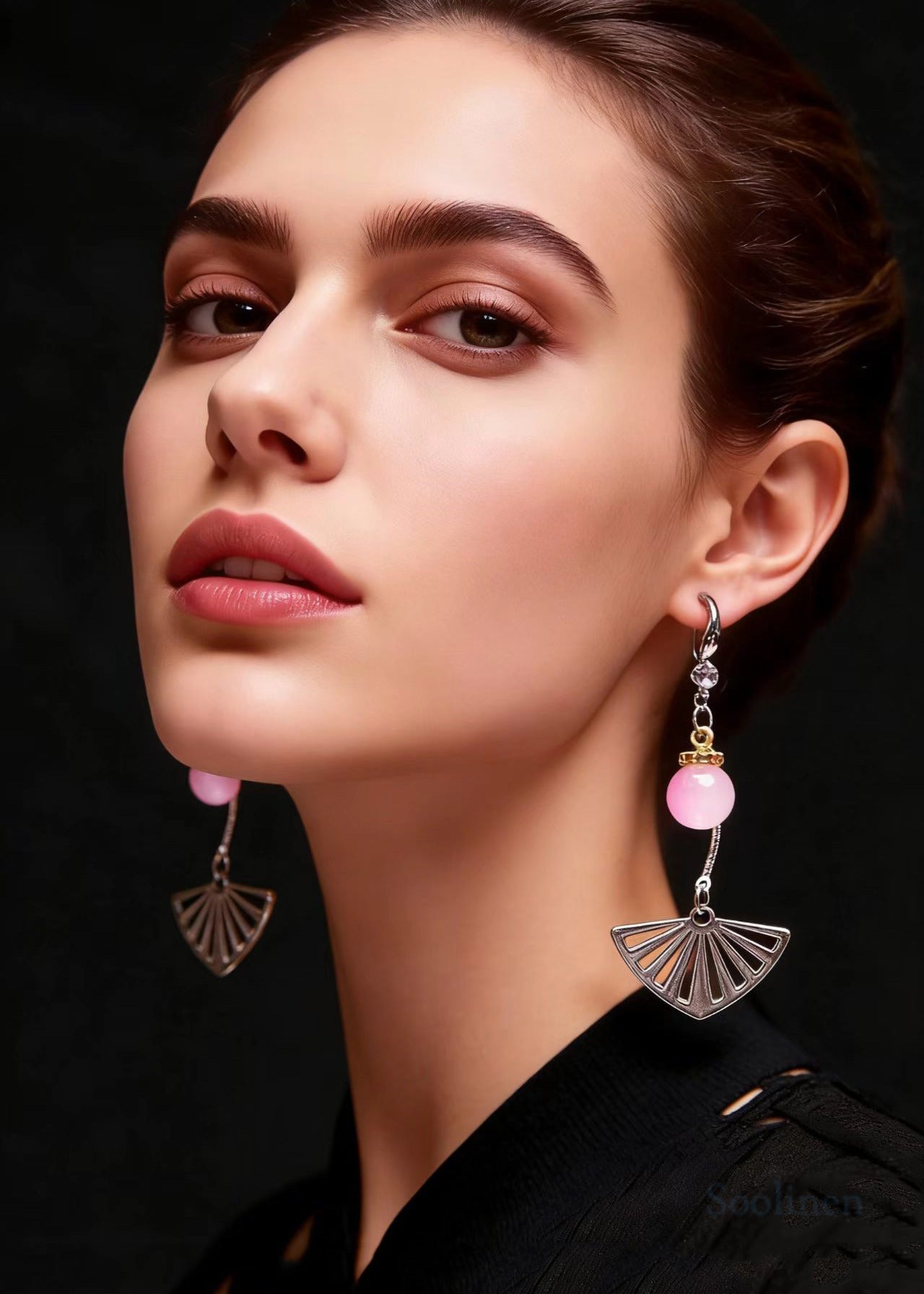 Stylish Gradient Color Crystal Sector Stainless Steel Drop Earrings