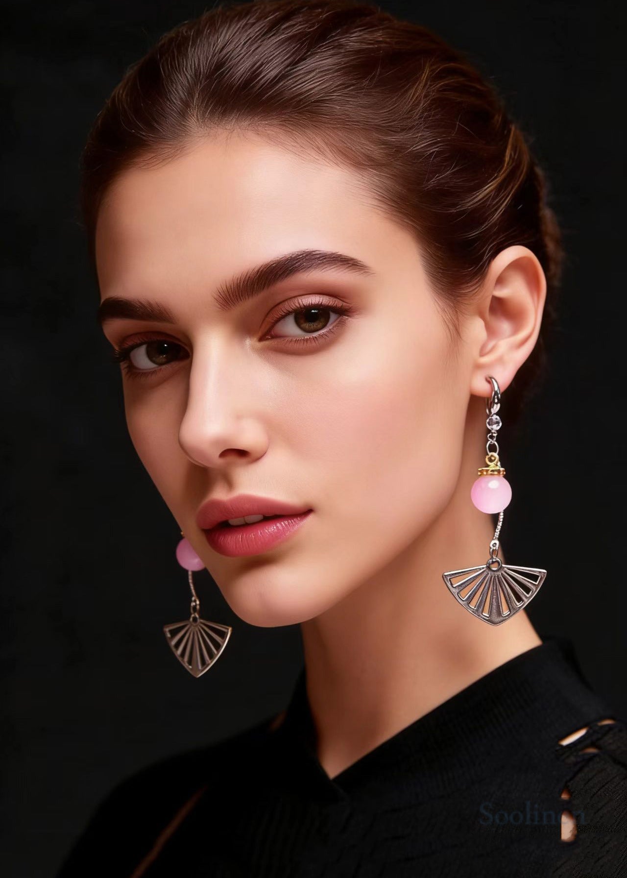 Stylish Gradient Color Crystal Sector Stainless Steel Drop Earrings