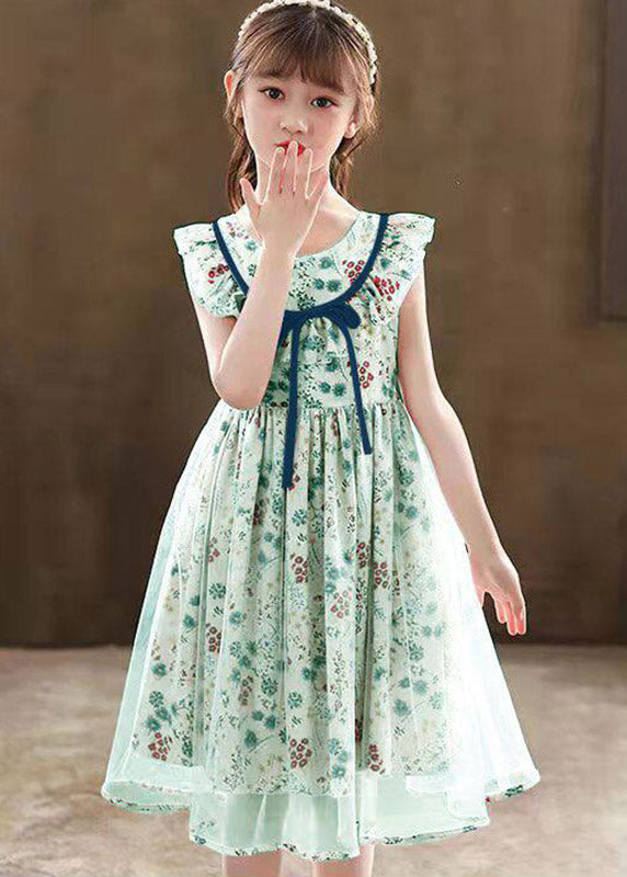 Stylish Grass Green Tie Waist Patchwork Tulle Kids Long Dress Sleeveless