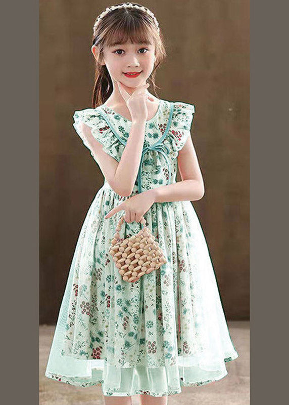 Stylish Grass Green Tie Waist Patchwork Tulle Kids Long Dress Sleeveless